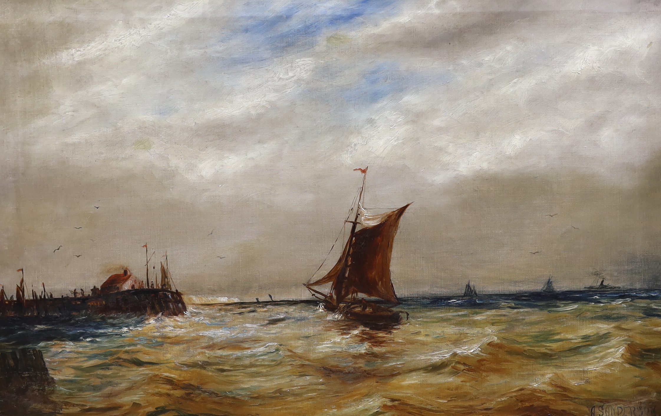 A. Sanderson, pair of oils on canvas, Moored fishing boats and Boats at sea, signed, 75 x 50cm